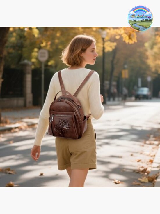Embossed Faux Leather Mini Backpack Purse with Floral Design, Water Resistant main image 6